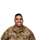 a man in a camouflage uniform smiling